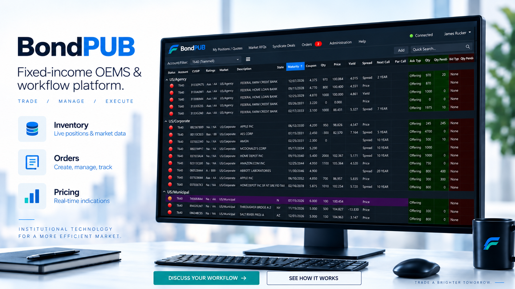 BondPUB fixed-income OEMS and trader workflow platform interface.